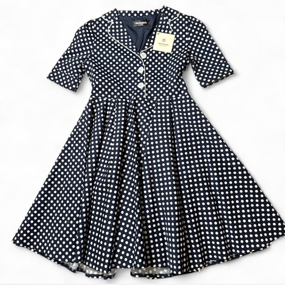Elegant Navy Polka Dot Kids Dress - Picture 1 of 3